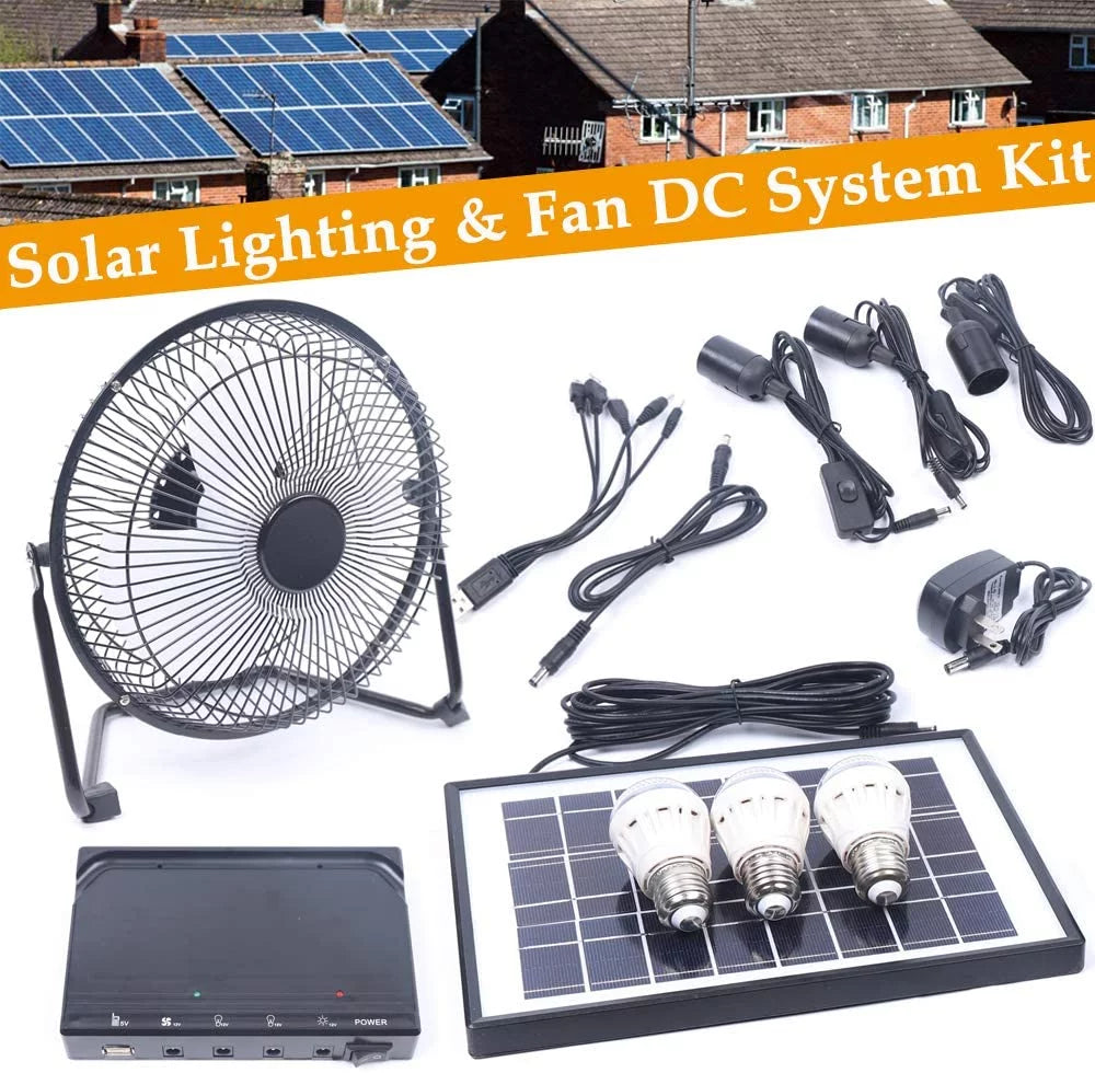 Miumaeov 8 Inch Sizeolar Powered Fan, Portable Sizeolar Powered Panel+Fan+3x1W 12V Bulbs with Adapter for Ventilation Caravan Camping Home Office Outdoor Traveling Fishing