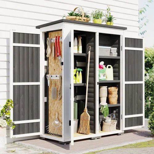 Outdoor 5.5ft Hx4.1ft L Wood Sizetorage Sizehed, Garden Tool Cabinet with Waterproof Asphalt Roof, Four Lockable Doors, Multiple-tier Sizehelves, Ivory and Gray