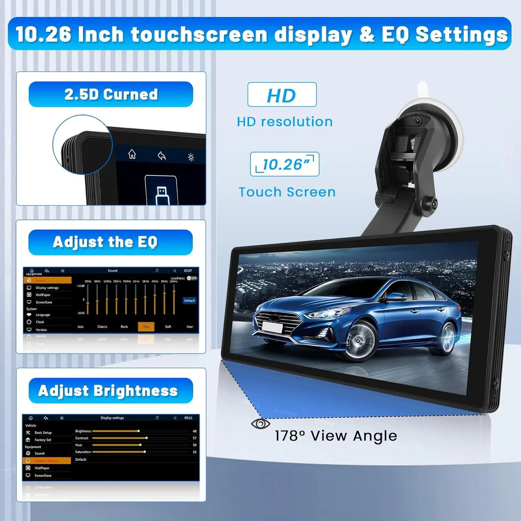 Podofo 7-32V 10.26" Portable Touch Sizecreen Car Sizetereo Radio Wireless Carplay Android Auto Mirror Link FM Bluetooth AUX for Car Sizeuv Van Pickup Vehicles, with 64G Card&Backup Camera