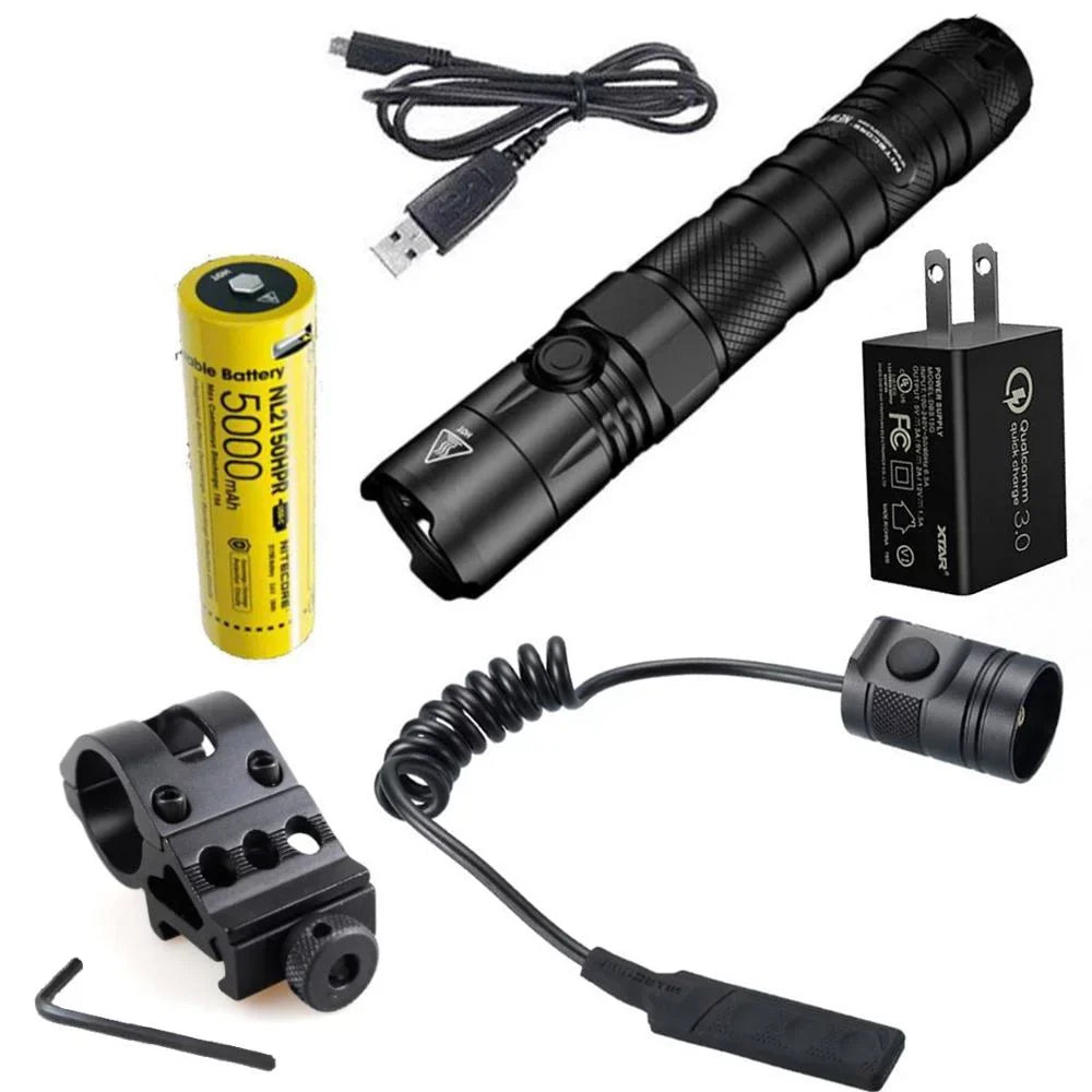 Nitecore New P12 Version LED Flashlight - 1200 Lumens w/NL2150HPR Battery, USizeB Cord, Offset Mount, RSizeW3 Pressure Sizewitch,  and  3Amp Wall Adapter