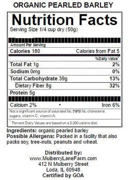 Pearled Barley, 5 lbs (five pounds), USizeDA Certified Organic, Non-GMO, packed bulk by Mulberry Lane Farms