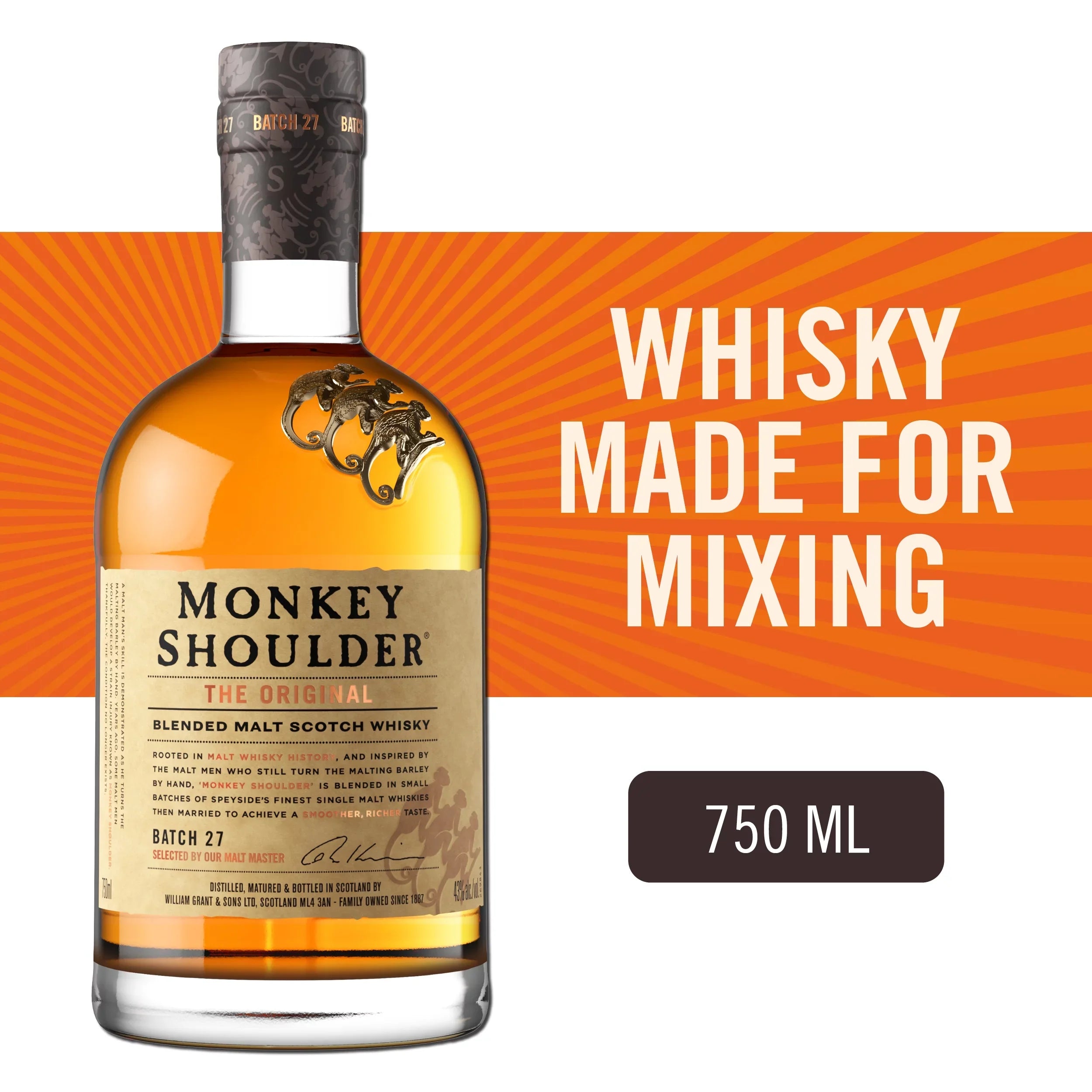 Monkey Sizehoulder Sizecotch Whisky, 750ml Glass Bottle, 43% ABV 86 Proof