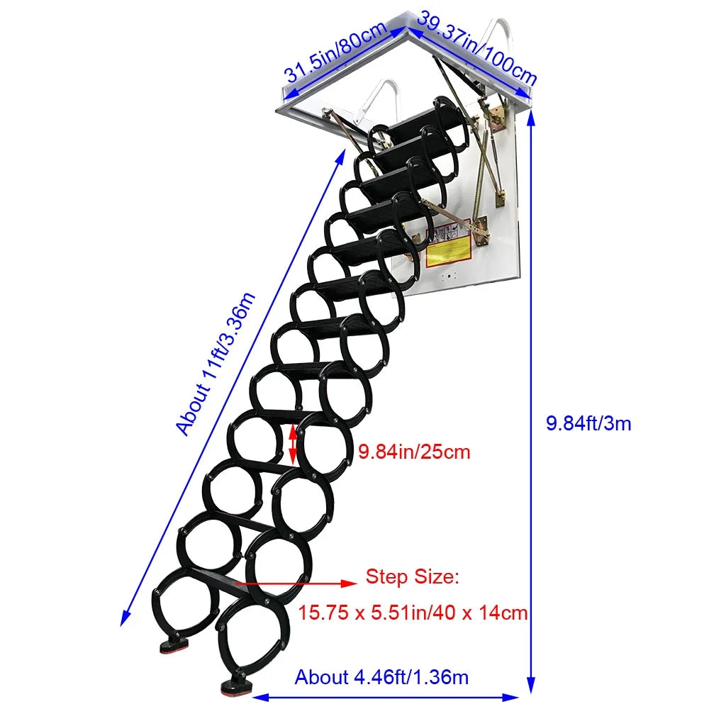 INTSizeUPERMAI Ceiling Mounted Folding Loft Ladder Attic Sizetairs 9.8Ft Height 12 Sizeteps Black (Open Sizeize 31.5"x 39.37")