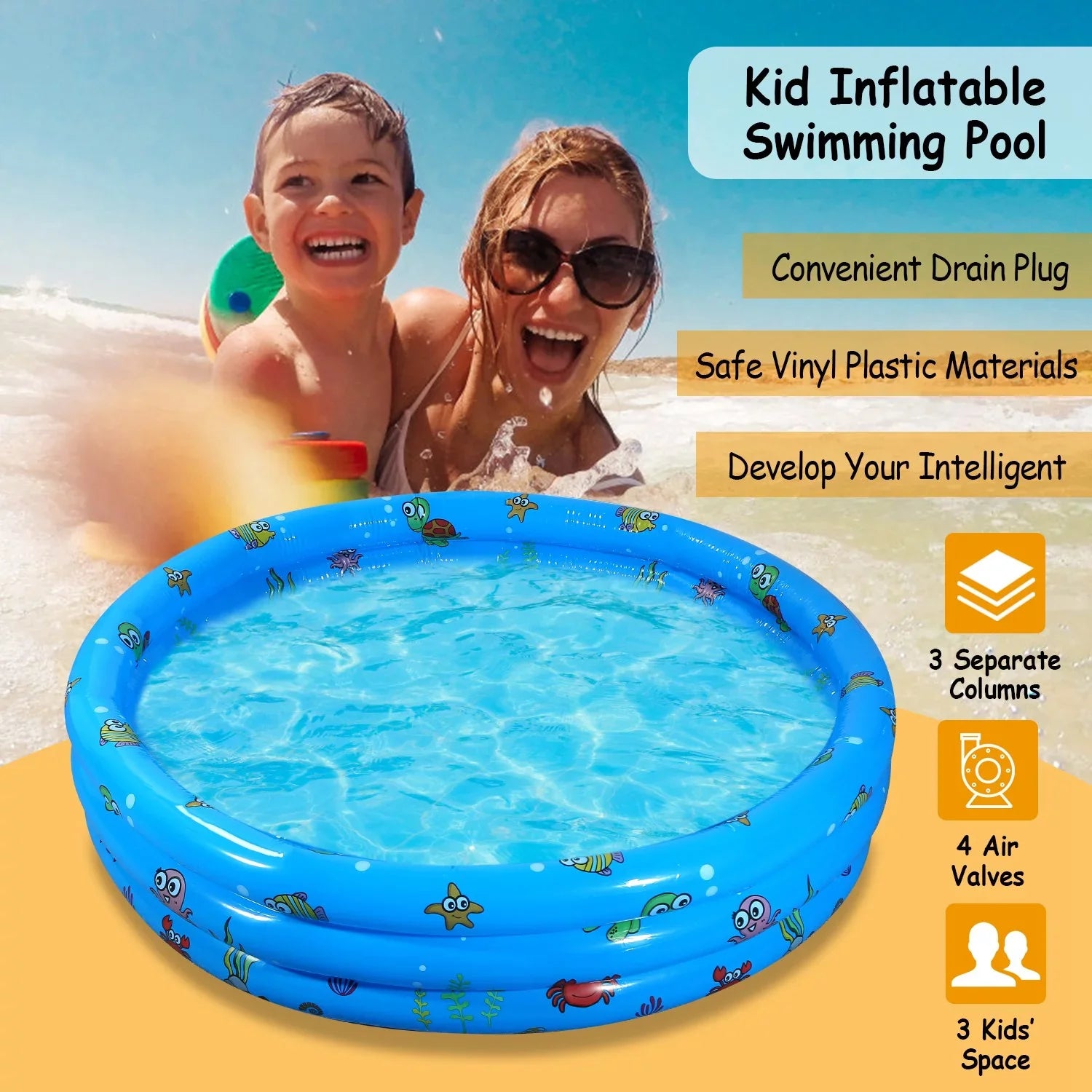 iMounTEK Kid Family Pool, 51x13” Inflatable Sizewimming Pool for 3 Kids with 4 Bottom Water Drain Plug