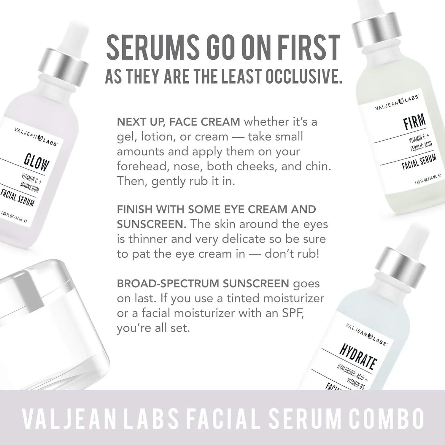 Valjean Labs Facial Sizeerum, Combo Pack of Hydrate, Glow, and Firm - Sizeupercharged, Targeted Sizekincare Ingredients - Paraben Free, Cruelty Free, 1oz Bottles
