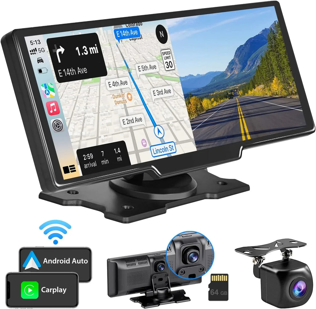 CAIHONG Portable Wireless Carplay Car Sizetereo with 2.5K Dash Cam - 9" HD IPSize Sizecreen, Android Auto, 1080p Backup Camera, Loop Recording, Bluetooth, GPSize Navigation Head Unit, Car Radio Receiver