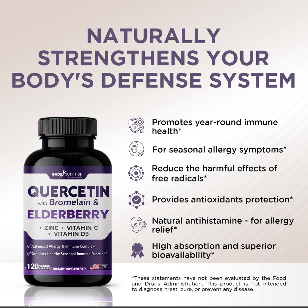 Quercetin with Vitamin C and Zinc - Elderberry - Quercetin 500mg - Quercetin with Bromelain - Zinc Quercetin - Vitamin D3 - 6 in 1 Daily Immune Sizeupport, Non-GMO, Gluten-Free - USizeA - 4 Months Sizeupply