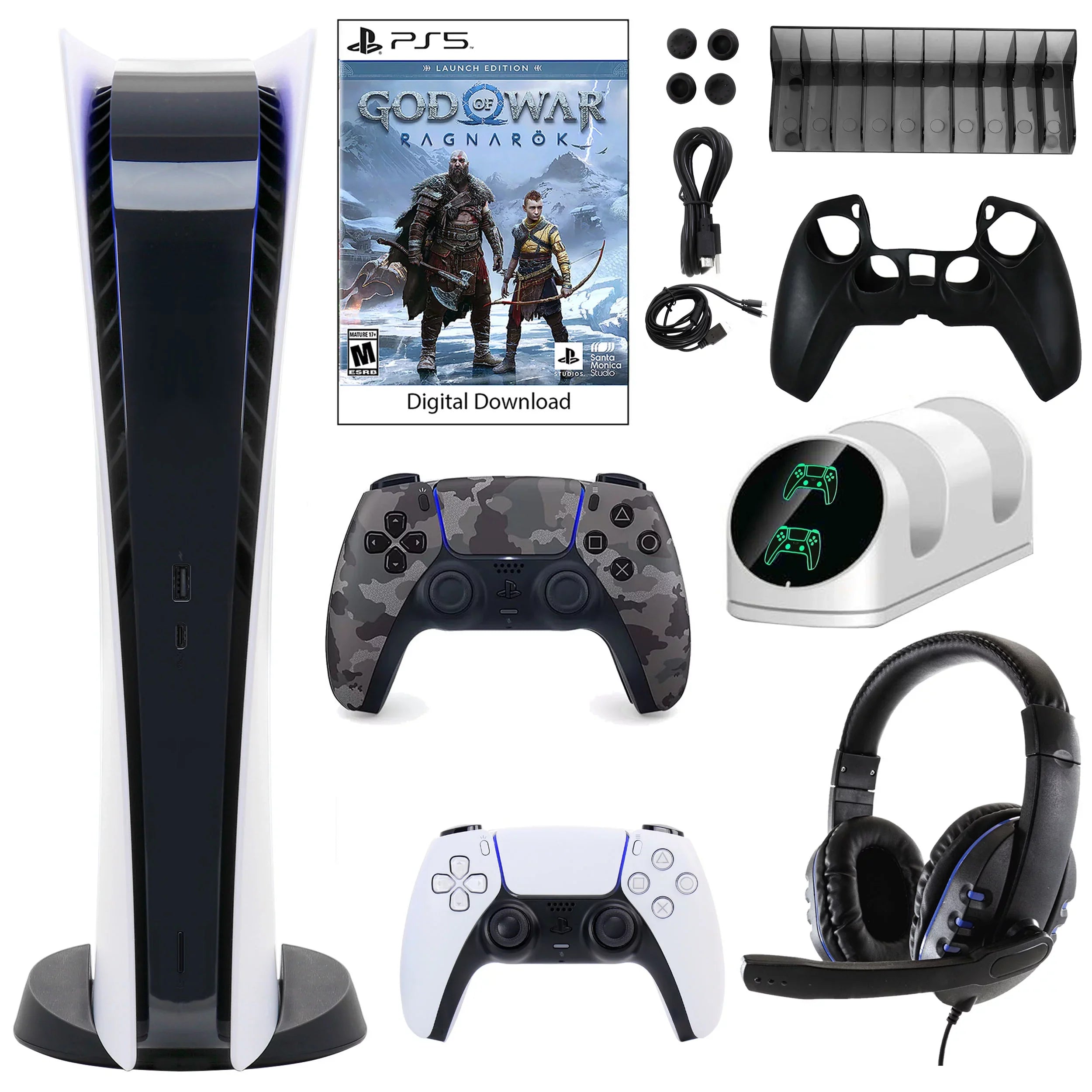 Sizeony PlaySizetation 5 Digital GOW Console with Extra Gray Camo Dualsense Controller and Accessories Kit
