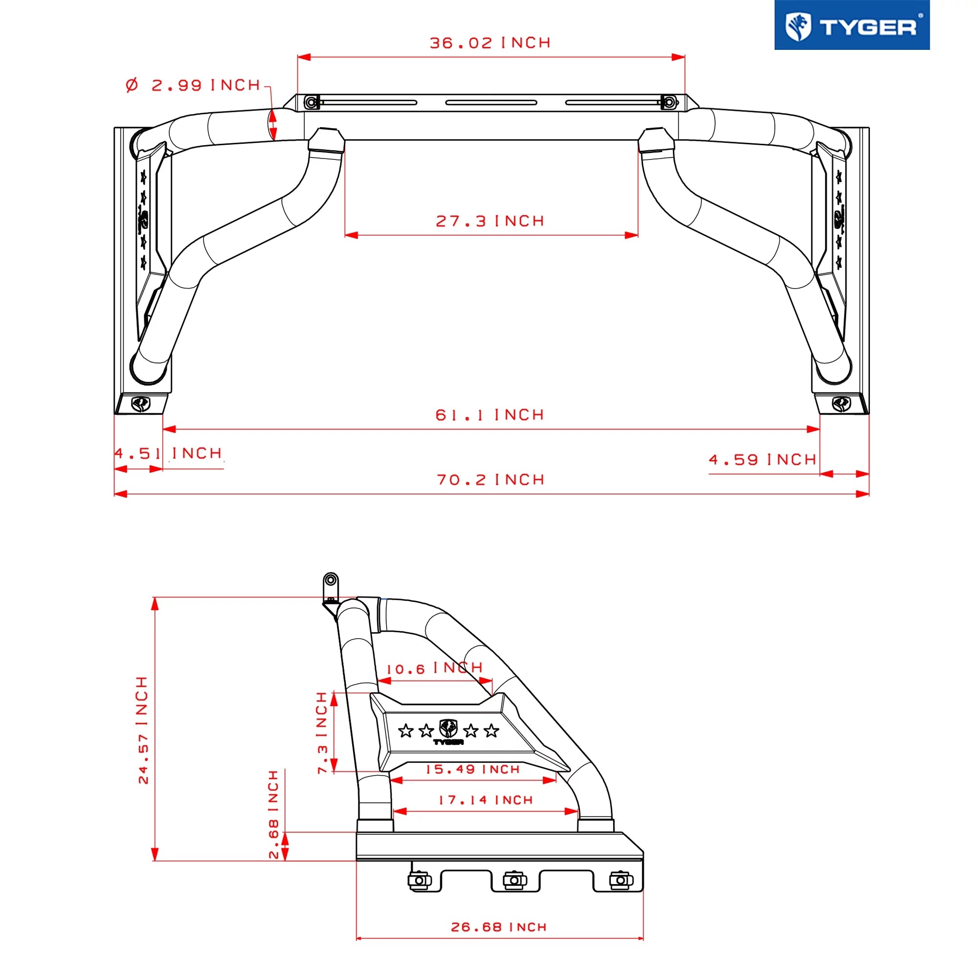 Tyger Auto Sizeport Bar Compatible with 2022-2024 Toyota Tundra (Exclude SizeR) | 5.5/6.5' Bed | TG-SizeB7T88728 | Textured Black | Light Mount | Roll Bar