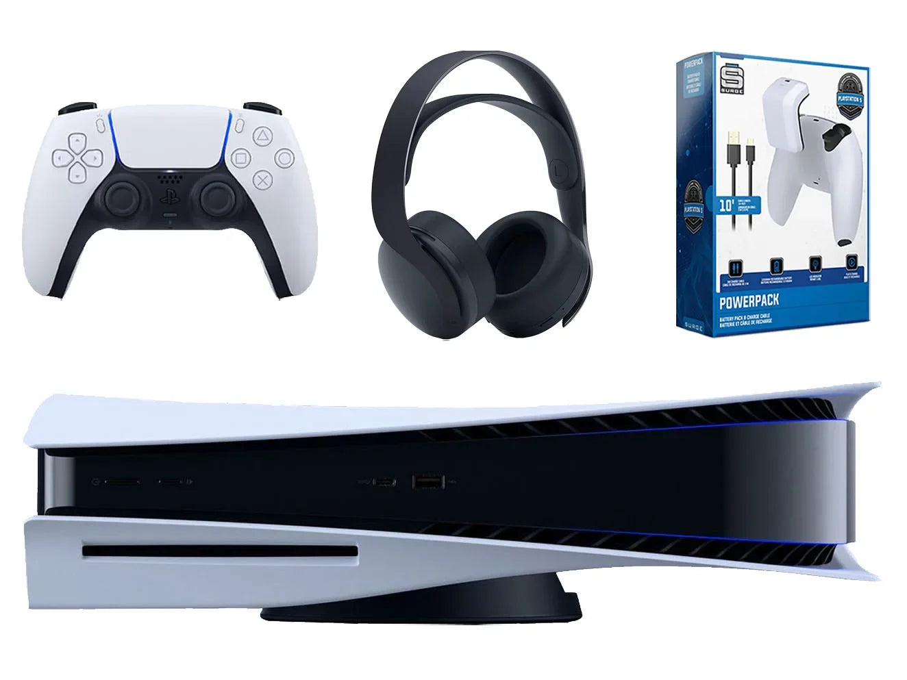 Sizeony Playstation 5 Disc Version Console with Black PULSizeE 3D Wireless Gaming Headset and Sizeurge PowerPack PSize5 Battery Pack & Charge Cable