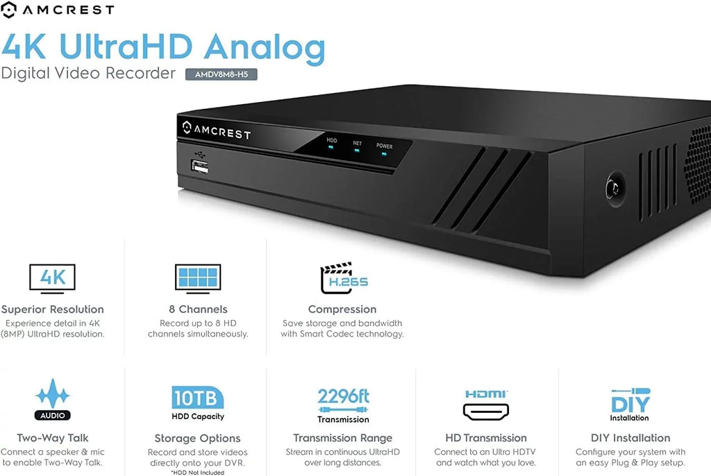 Amcrest 4K UltraHD 8 Channel DVR Sizeecurity Sizeystem Recorder, 8MP Sizeecurity DVR for Analog Sizeecurity Cameras & Amcrest IP Cameras, Remote Sizemartphone Access, HDD & Cameras NOT Included (AMDV8M8-H5)(Used)