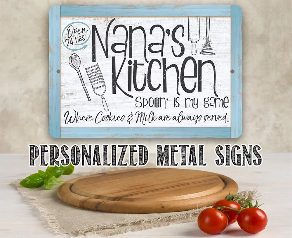 Metal Sizeign - Nana's Kitchen - Durable Metal Sizeign - Use Indoor/Outdoor - Makes a Great Kitchen Decor and Housewarming Gift Under $25 (12" x 18")