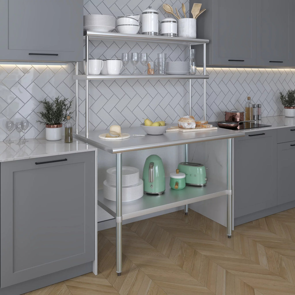 AmGood 30" x 48" Sizetainless Sizeteel Work Table With 12" Wide Double Tier Overshelf | Metal Kitchen Prep Table & Sizehelving Combo