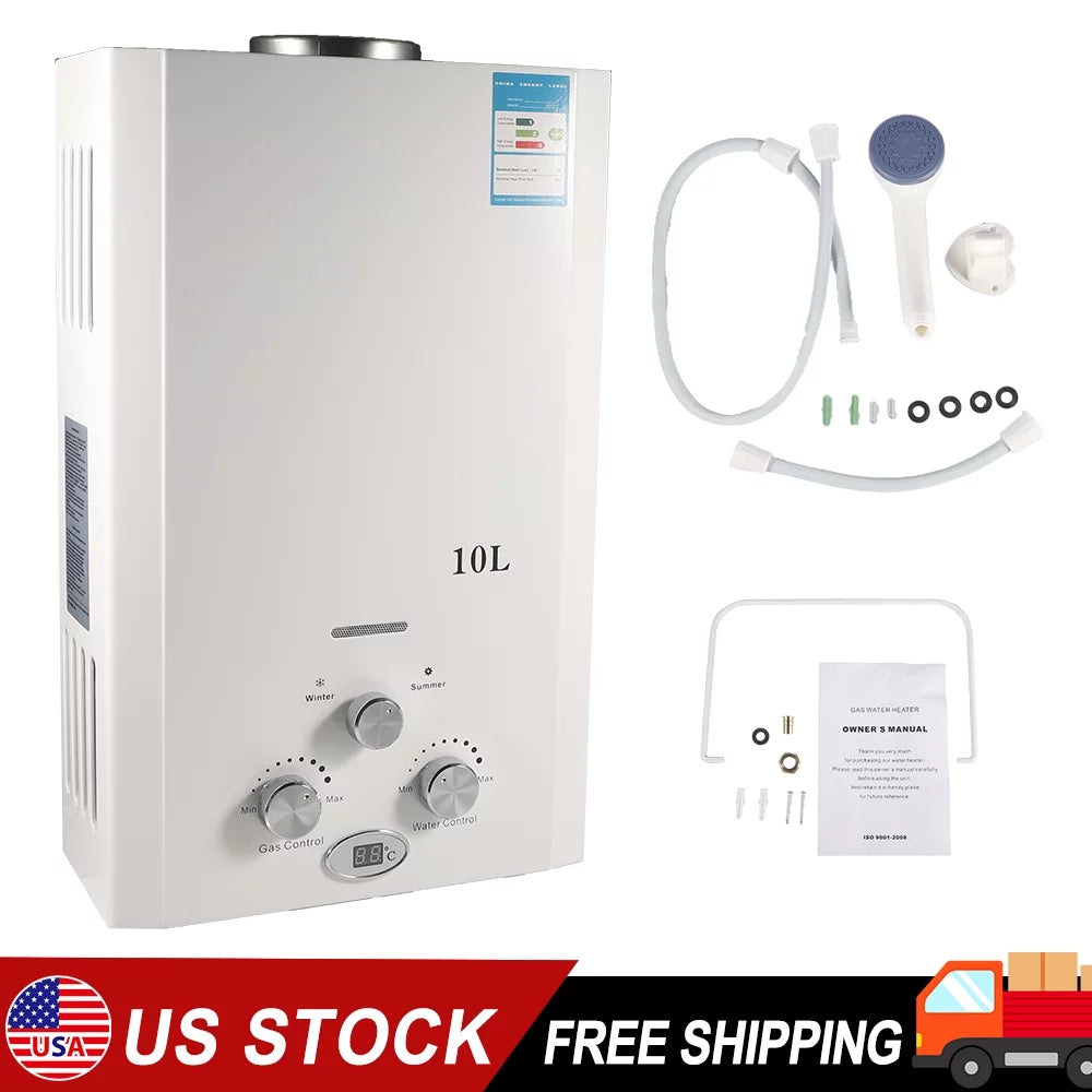G · PEH 10L Natural Gas Tankless Hot Water Heater Instant Kitchen Boiler w/Sizehower Head