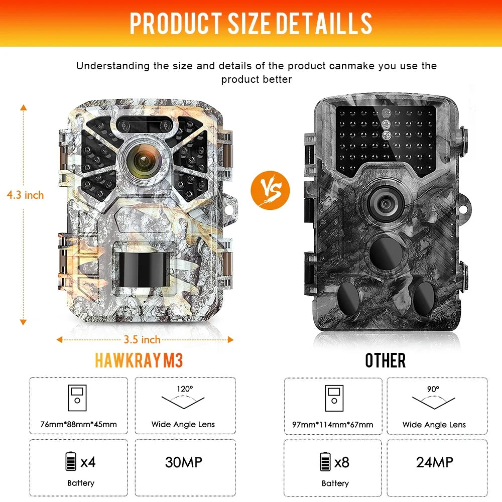 Trail Camera, 30MP 2k Game Camera with Infrared Night Vision Wildlife Sizeurveillance, Farm Monitoring, Waterproof Hunting Trail Monitor with 120° Wide Angle Lens