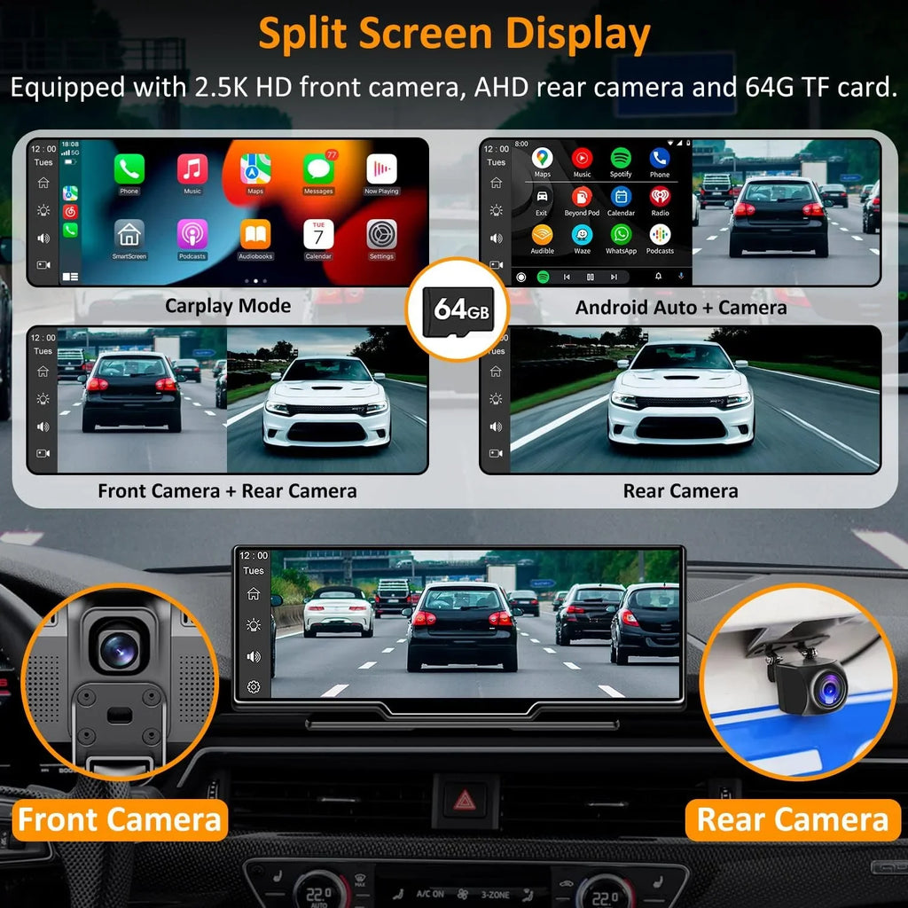 CAIHONG Portable Wireless Carplay Car Sizetereo with 2.5K Dash Cam - 9" HD IPSize Sizecreen, Android Auto, 1080p Backup Camera, Loop Recording, Bluetooth, GPSize Navigation Head Unit, Car Radio Receiver