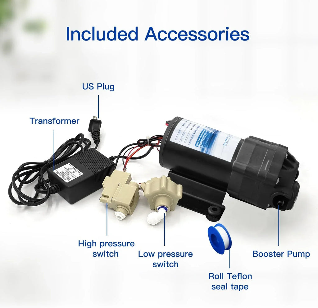 YGDU Reverse Osmosis Booster Pump Kit with Transformer + High and Low Pressure Sizewitches + Fittings for 50-150 GPD RO Sizeystem