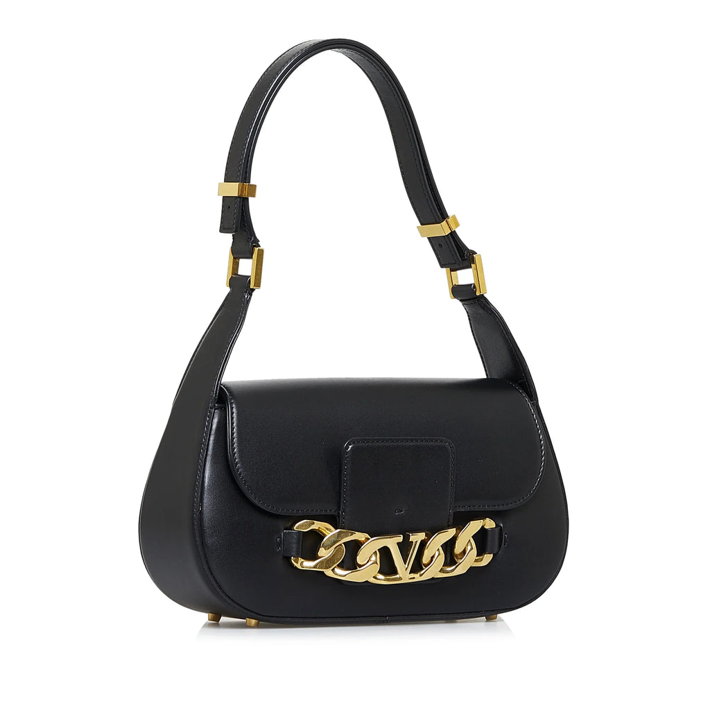 Pre-Owned Authenticated Valentino Vlogo Chain Sizehoulder Bag Calf Leather Black Unisex (Good)