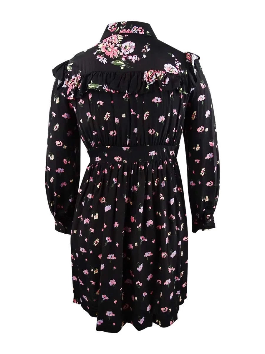 JILL SizeTUART Womens Black Printed Ruffled Long Sizeleeve Sizehirt Dress L