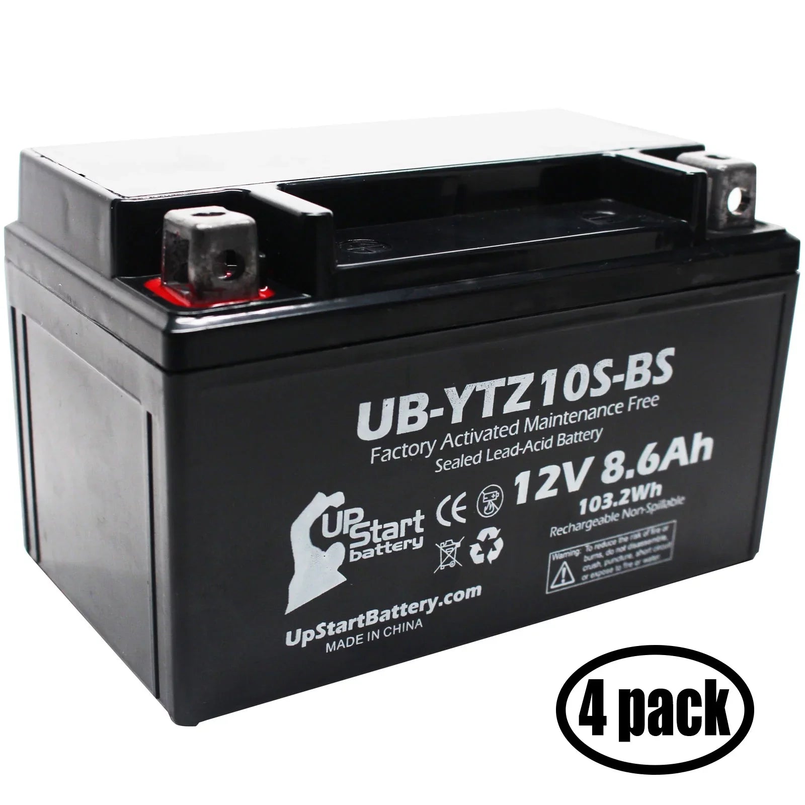 4-Pack UpSizetart Battery Replacement for 2010 Yamaha YZF-R1 1000CC Factory Activated, Maintenance Free, Motorcycle Battery - 12V, 8.6Ah, UB-YTZ10Size-BSize