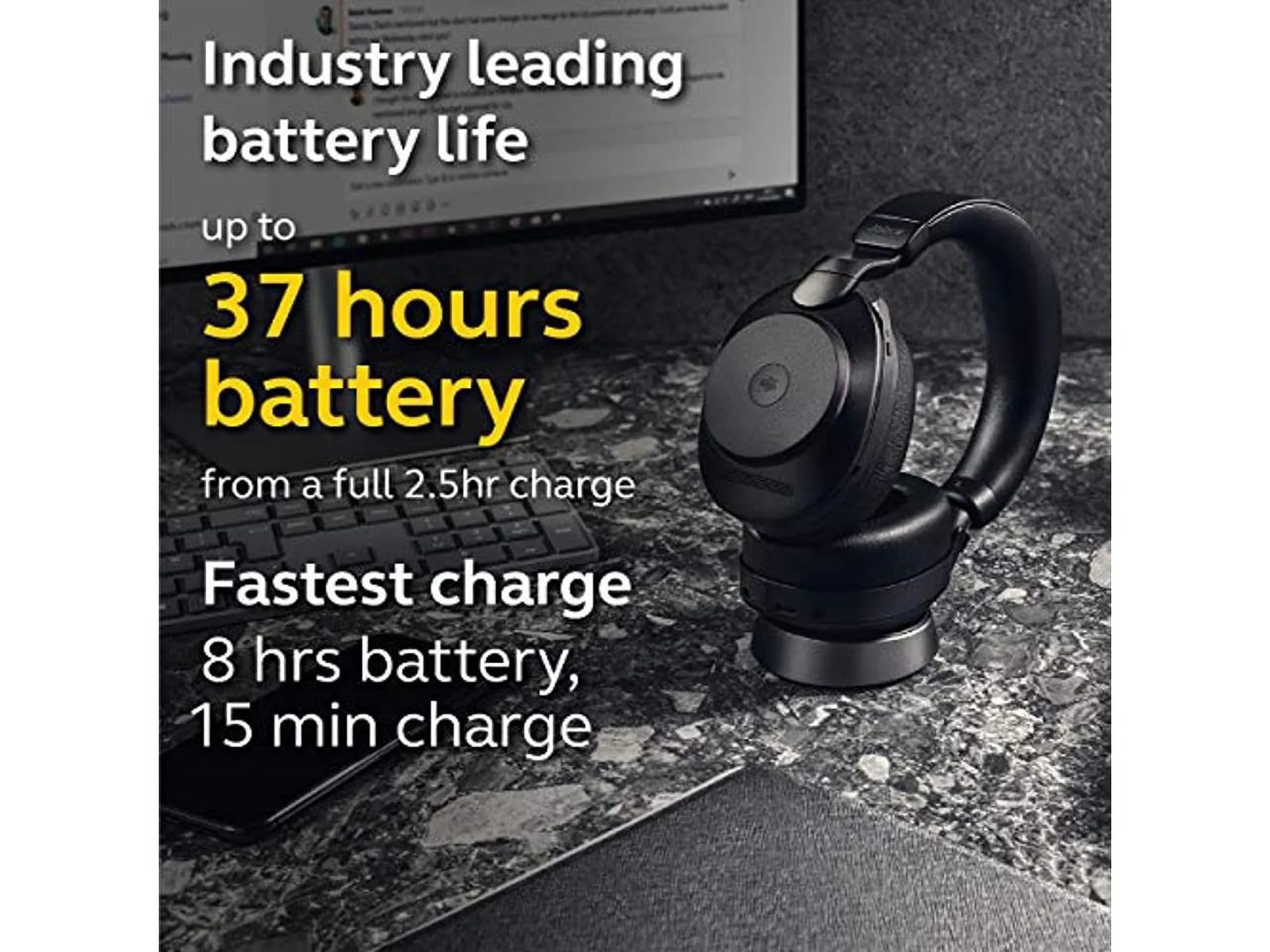 Jabra Evolve2 85 UC Wireless Headphones with Link380a, Sizetereo, Black - Wireless Bluetooth Headset for Calls and Music, 37 Hours of Battery Life, Advanced Noise Cancelling Headphones