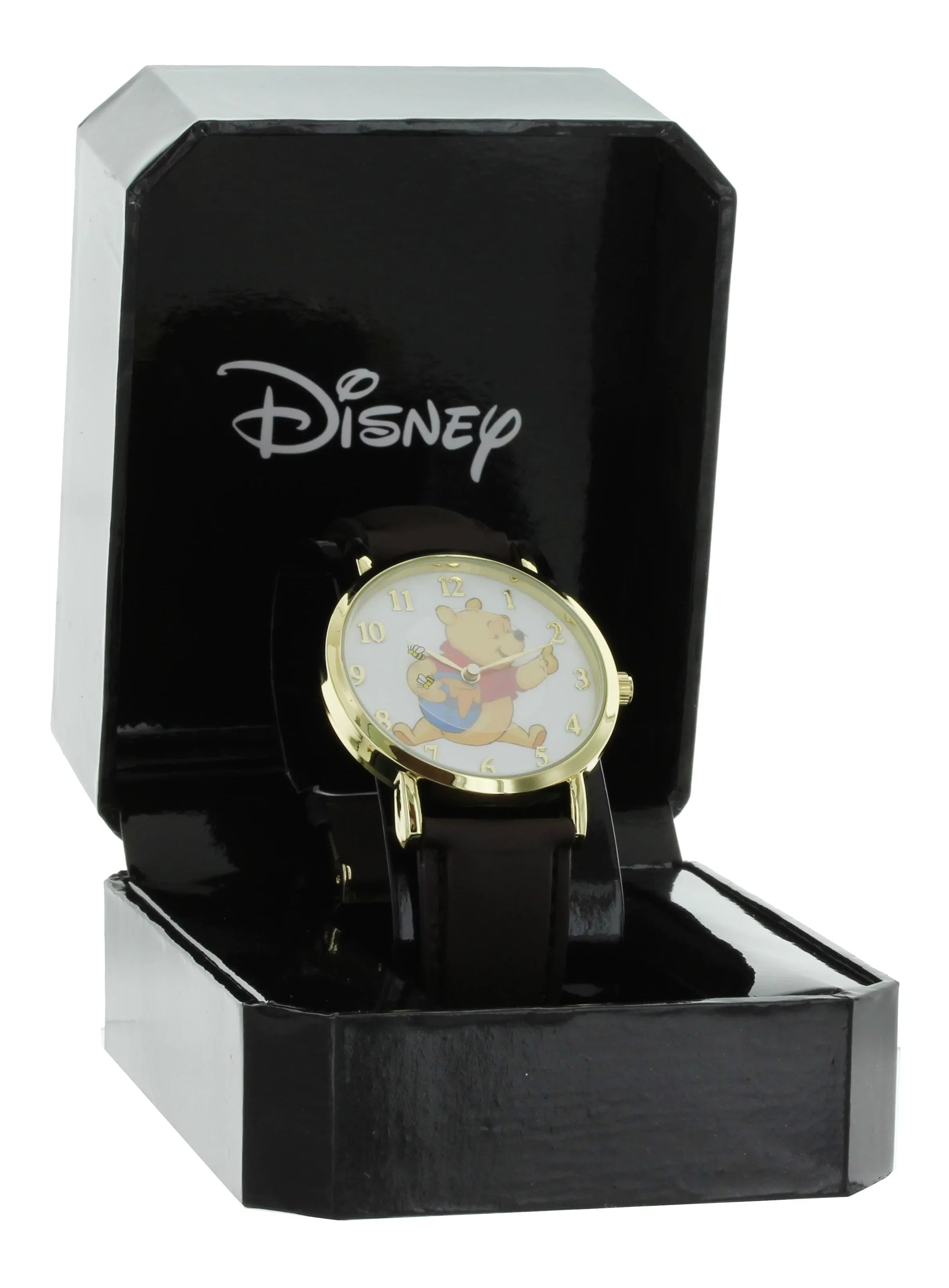 Disney Winnie The Pooh Rotating Bees Gold Tone Case With Brown Leather Band Analog Watch WP5003
