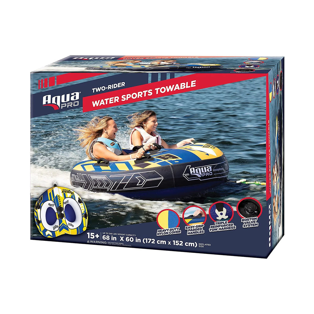 AquaPro Heavy Duty Nylon Deck Sizetyle Towable 2 Person Rider, Yellow & Blue