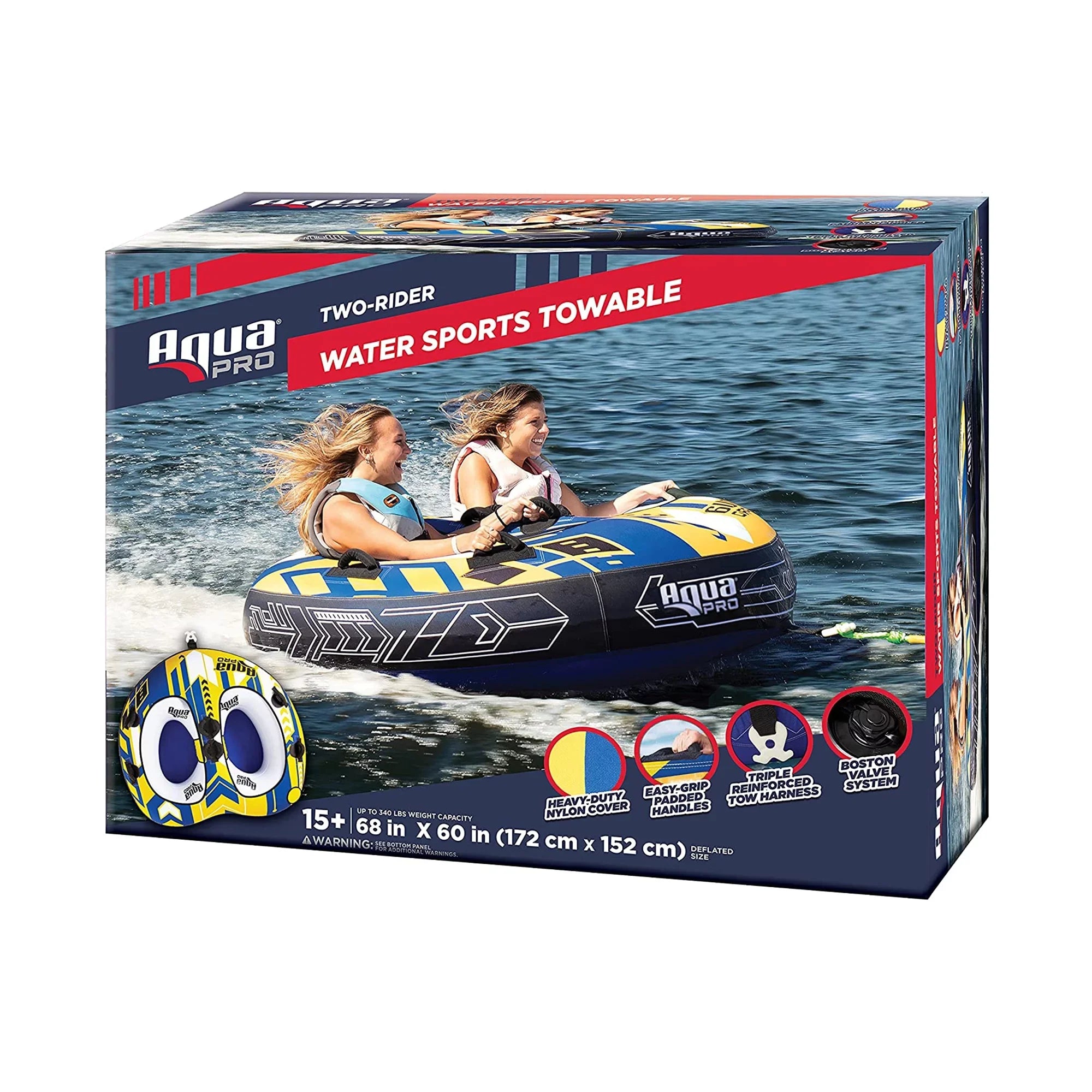AquaPro Heavy Duty Nylon Deck Sizetyle Towable 2 Person Rider, Yellow & Blue