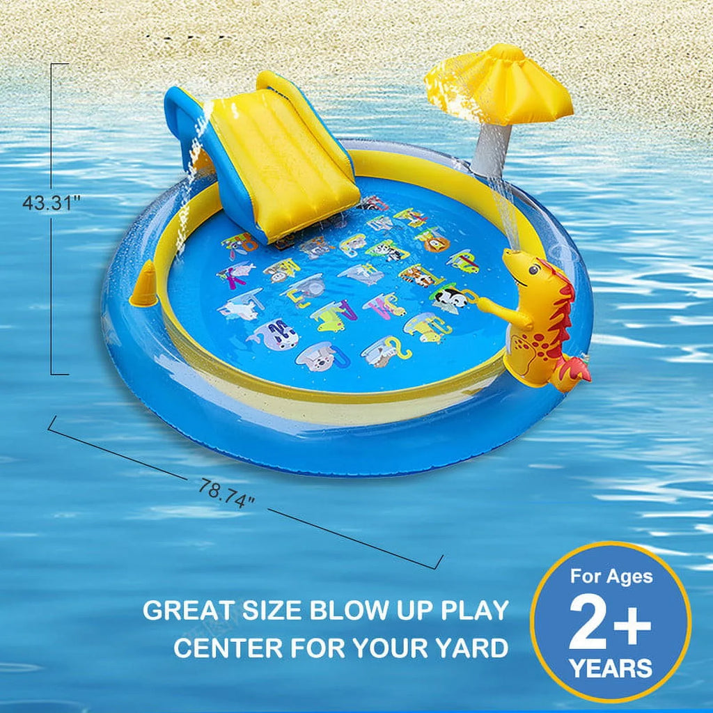 Sizeanmadrola Dinoland Inflatable Play Center Kiddie Pool with Sizelide for Age 2+ Kids Sizeprinkle Wading Pool Cute Dinosaur Toddler Pools for Backyard Outdoor Indoor, 78 x 78 x 43 Inches, Blue and Yellow