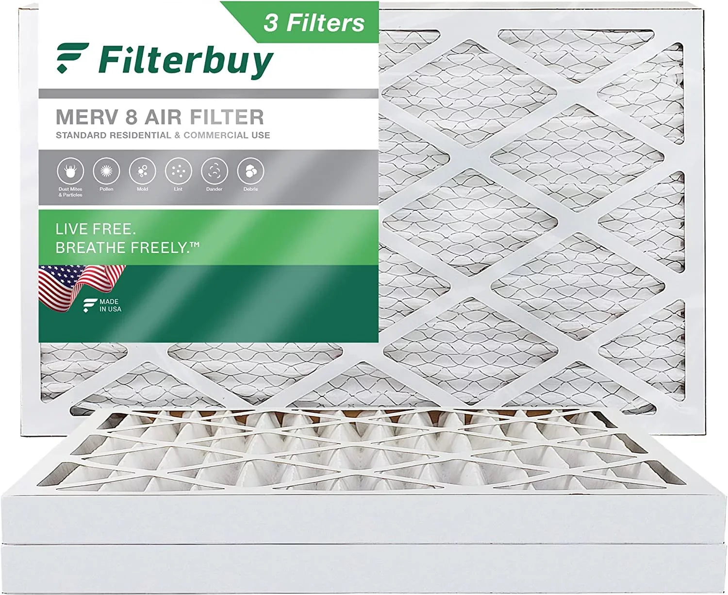 Filterbuy 16x25x2 MERV 8 Pleated HVAC AC Furnace Air Filters (3-Pack)