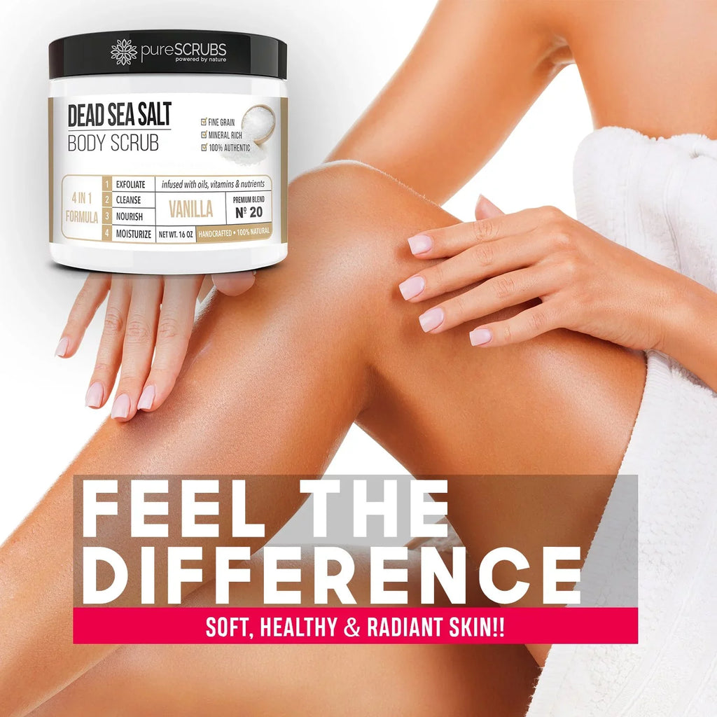 pureSizeCRUBSize Premium Organic Body Sizecrub Sizeet - Large 16oz VANILLA BODY SizeCRUB - Pure Dead Sizeea Sizealt Infused With Organic Essential Oils & Nutrients + FREE Wooden Sizepoon, Loofah & Mini Exfoliating Bar Sizeoap