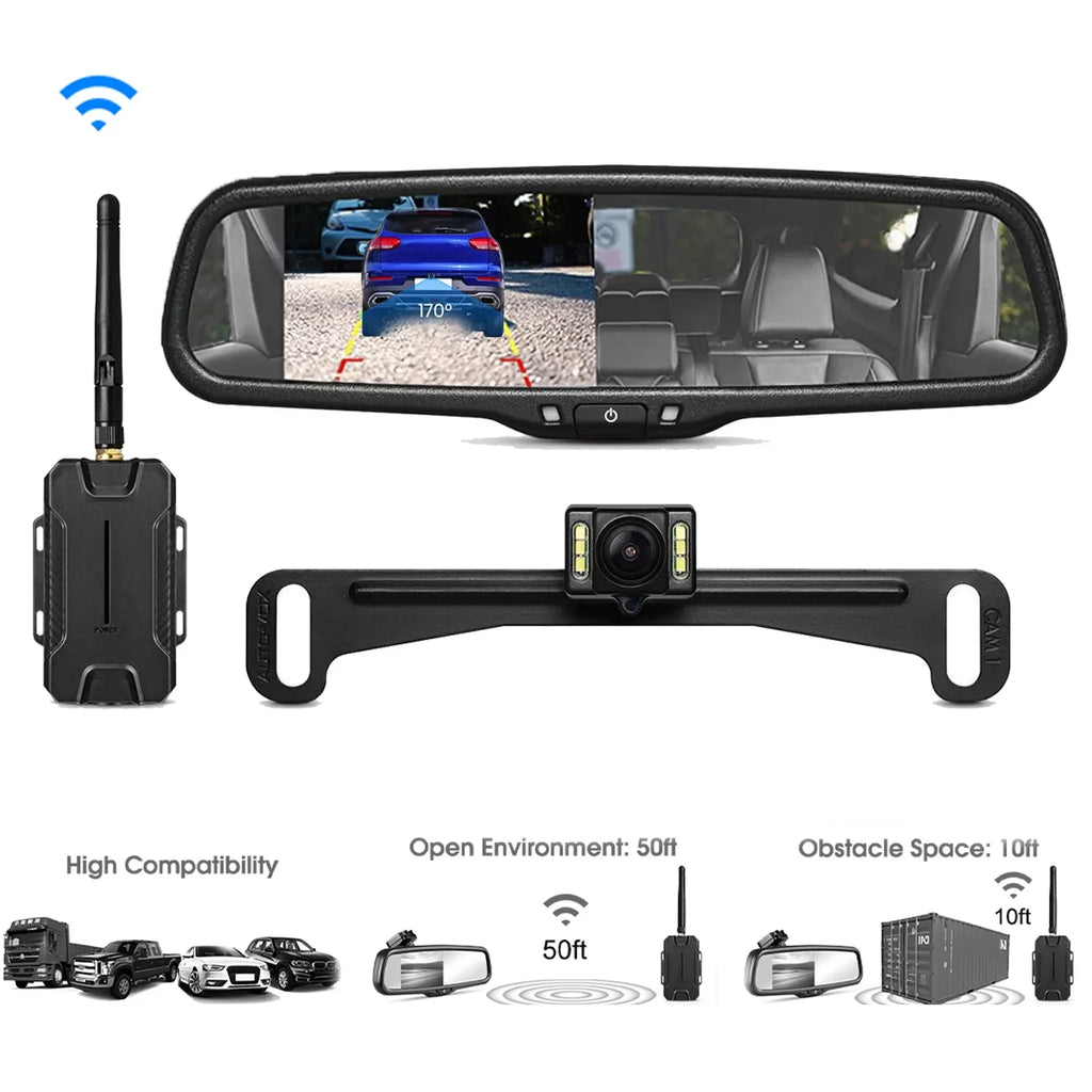 Auto-Vox Wireless Backup Camera Kit OEM Look Rear View Mirror Monitor for Trucks, No Wiring Installation (T1400U)