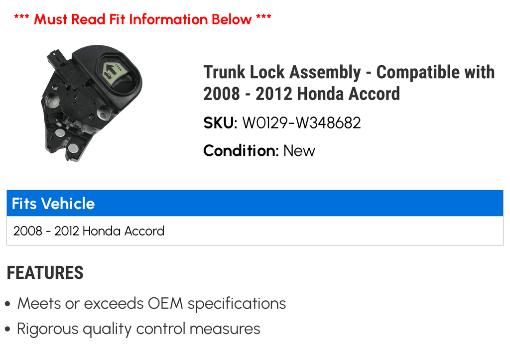 Trunk Lock Assembly - Compatible with 2008 - 2012 Honda Accord 2009 2010 2011