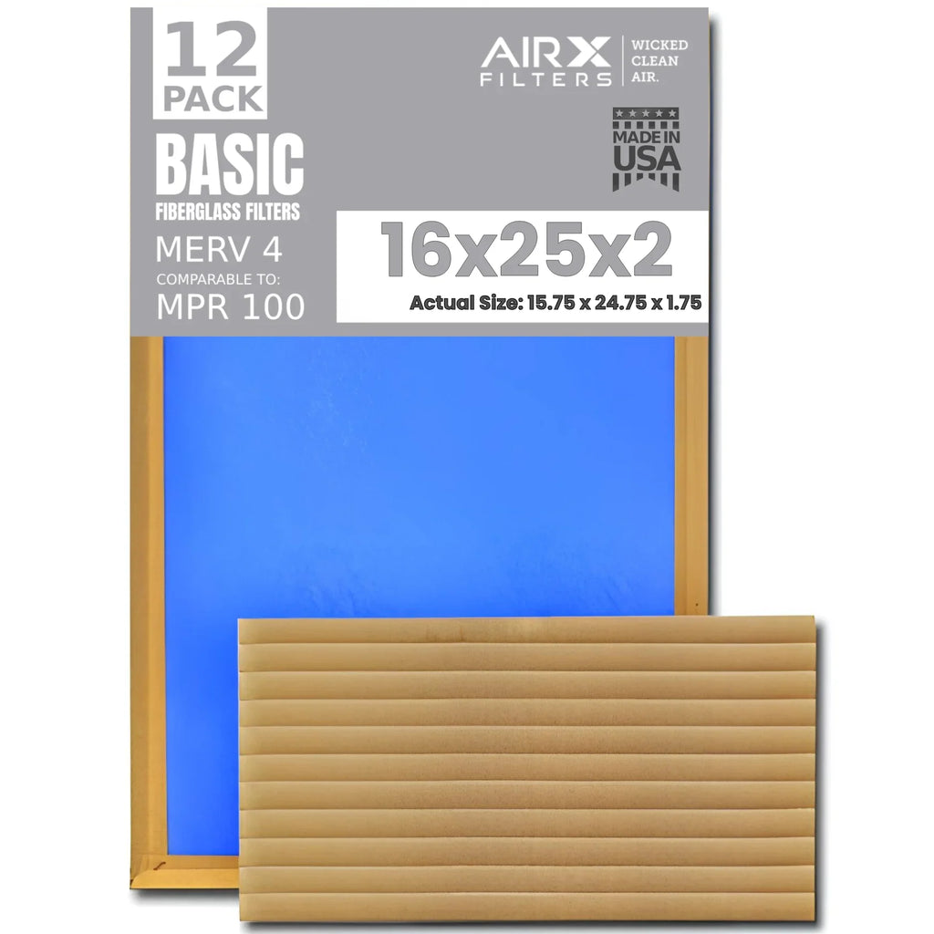 16x25x2 Air Filter Comparable to MPR 100 Basic Economy Furnace Filters, 12 Pack of Non Pleated Fiberglass Filter For Dust - Low Airflow Restriction! From AIRX FILTERSize WICKED CLEAN AIR.
