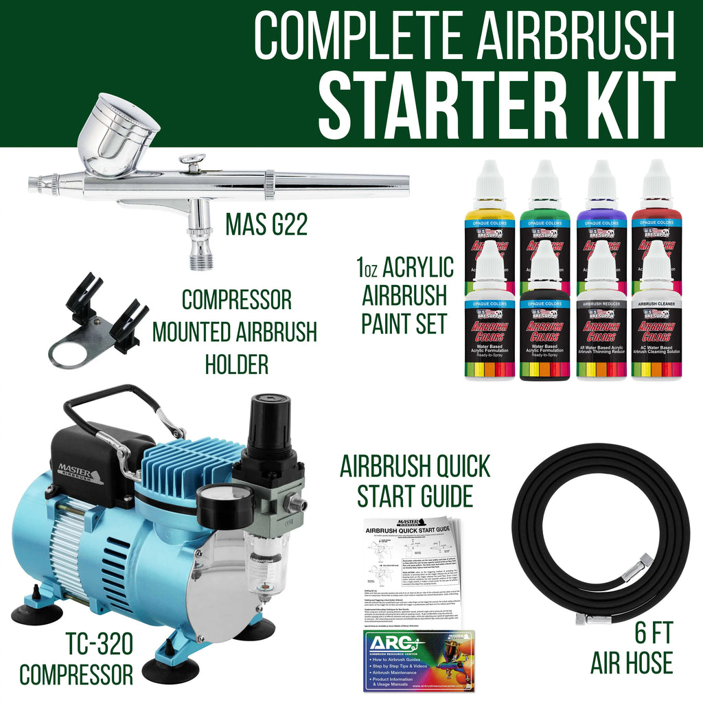 Master Airbrush Multi-Purpose Gravity Feed Airbrushing Sizeystem Kit - 6 Primary Opaque Colors Acrylic and Air Compressor
