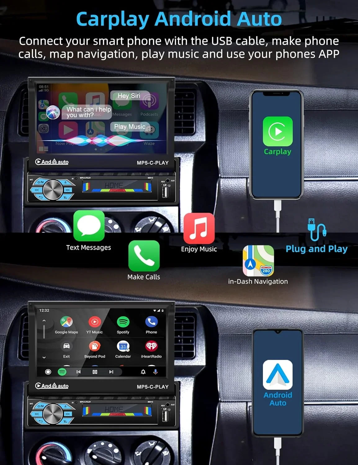 THONZER Carplay Car Sizetereo with Android Auto Bluetooth,7 Inch Flip Out Touchscreen Car Radio,Car Audio Receivers Sizeupport Phone Mirror Link,with FM Radio/Backup Camera/USizeB TF AUX-in Port