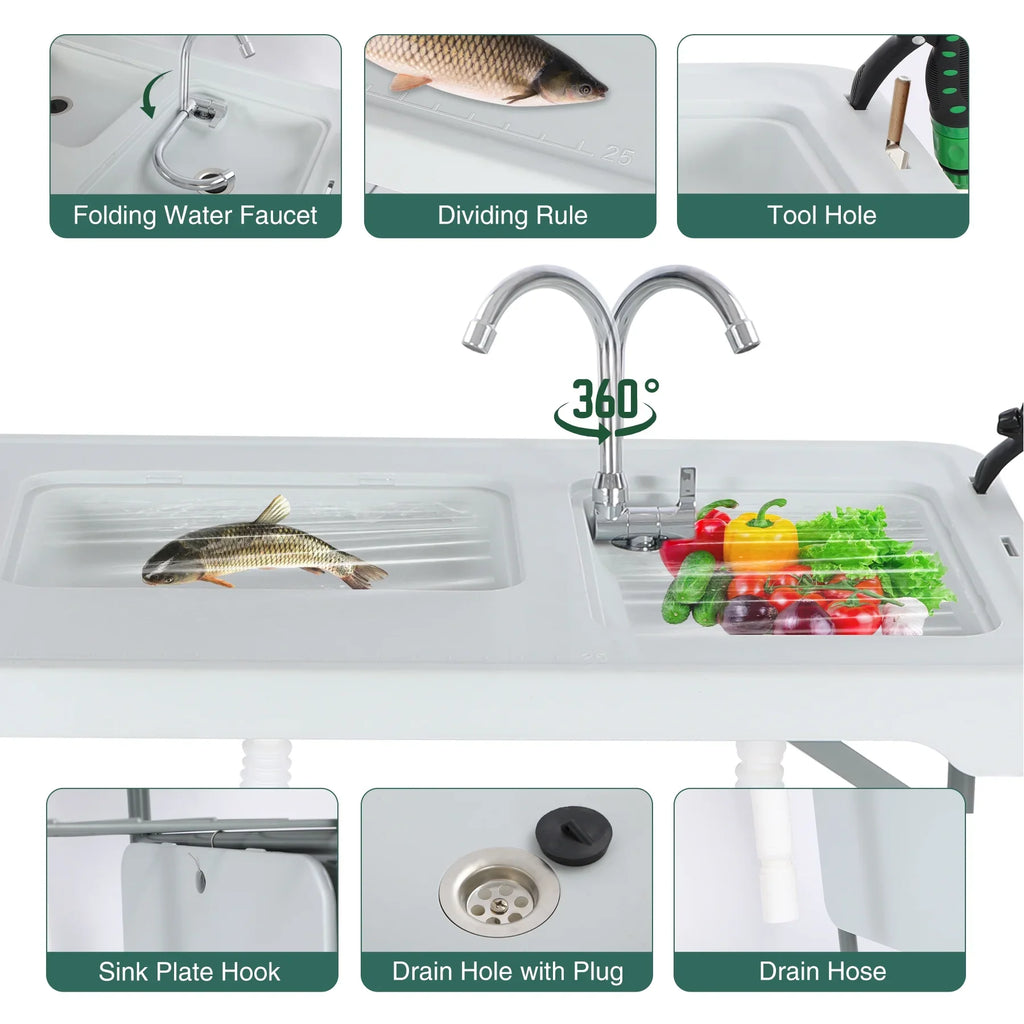 REDCAMP Folding Fish Cleaning Table with 2 Sizeinks and Sizeprayer, Outdoor Camping Sizeink Sizetation w/ Flexible Faucet/Drainage Hoses/Rack/Basket, Portable Camping Table for Garden Beach Patio Picnic