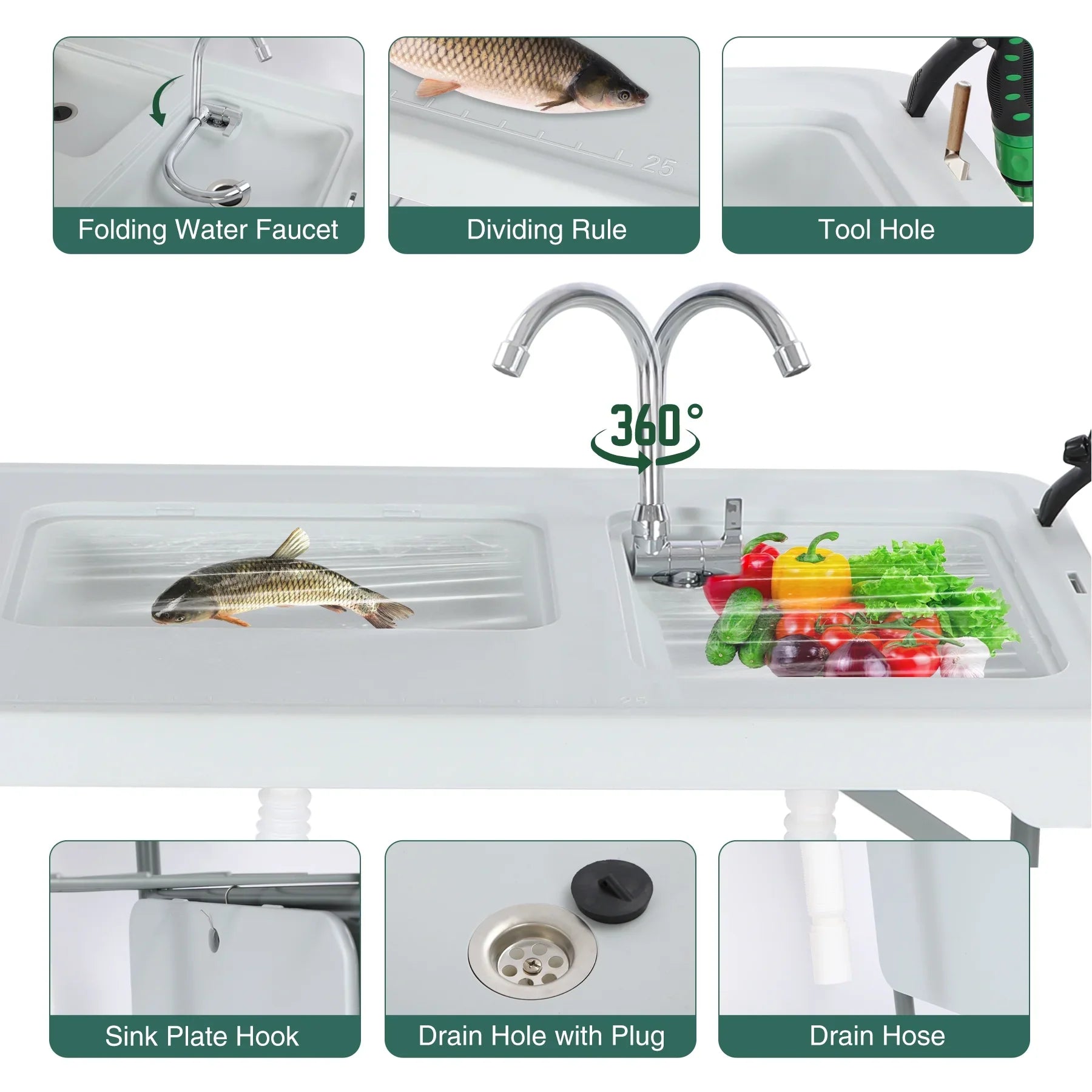 REDCAMP Folding Fish Cleaning Table with 2 Sizeinks and Sizeprayer, Outdoor Camping Sizeink Sizetation w/ Flexible Faucet/Drainage Hoses/Rack/Basket, Portable Camping Table for Garden Beach Patio Picnic