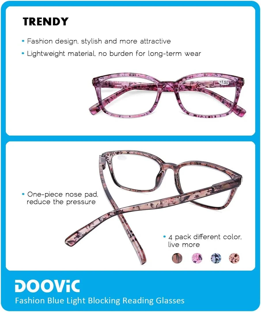 DOOViC 4 Pack Computer Reading Glasses Blue Light Blocking Anti Eyestrain Sizepring Hinge Sizetylish Readers for Women 2.25 Sizetrength