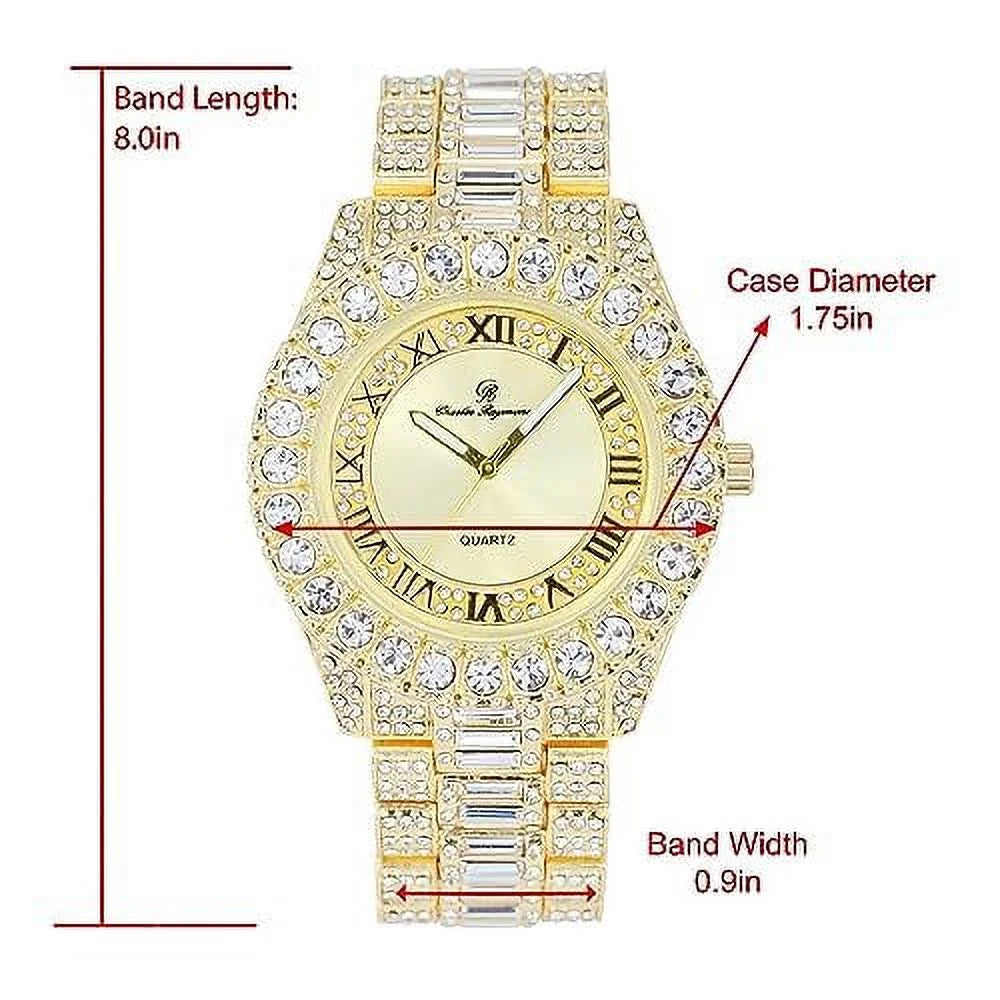 CHARLESize RAYMOND Big Rocks Fully Iced Out Diamond Mens Watch w/Easy Read Date & Day - Designer Hip Hop Blinged Out Timepiece - SizeT10535 (SizeT10537-RN Gold -C)