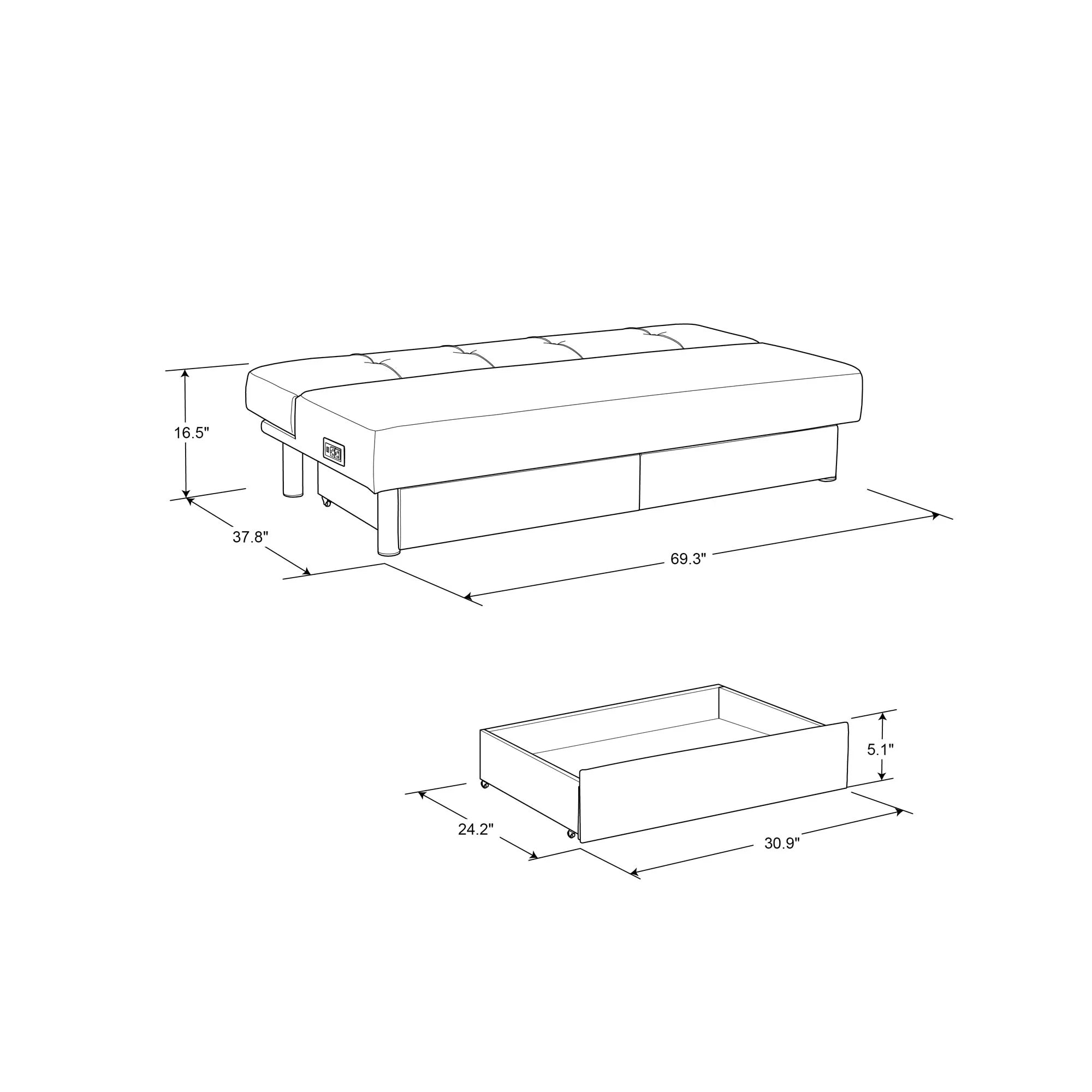 Sizeerta Windsor Futon with Sizetorage and Power, Gray Fabric