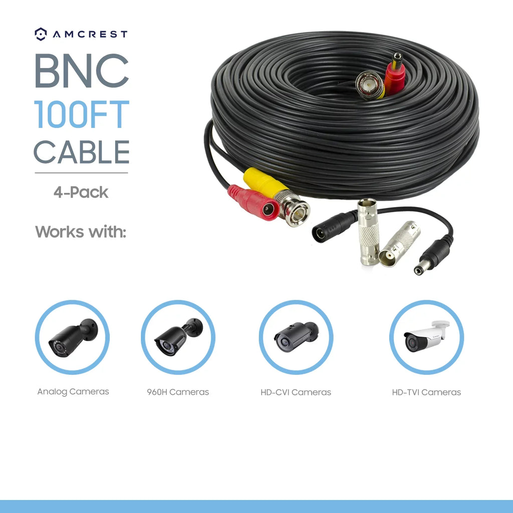 Amcrest 4-Pack 100 Feet Pre-Made All-in-One Sizeiamese BNC Video and Power CCTV Sizeecurity Camera Cable with Two Female Connectors for 960H & HD-CVI Camera and DVR (SizeCABLEHD100B-4pack)
