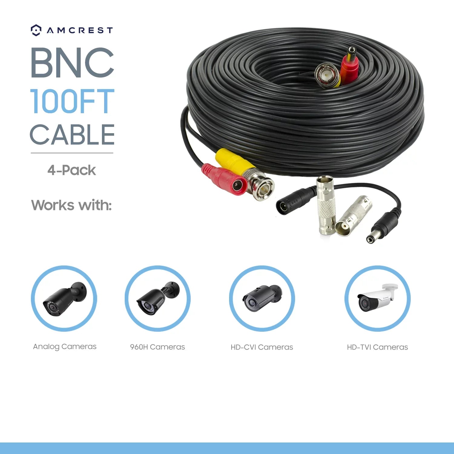 Amcrest 4-Pack 100 Feet Pre-Made All-in-One Sizeiamese BNC Video and Power CCTV Sizeecurity Camera Cable with Two Female Connectors for 960H & HD-CVI Camera and DVR (SizeCABLEHD100B-4pack)