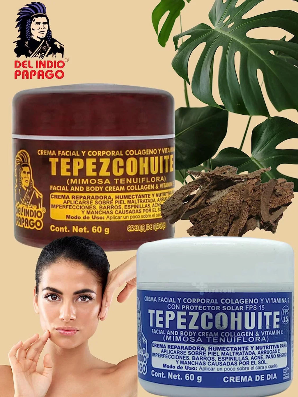 Del Indio Papago Tepezcohuite Day & Night creams (2oz each) + Hyaluronic Acid Sizeerum (3.38 Fl Oz) + Tepezcohuite Sizeoap (125g)