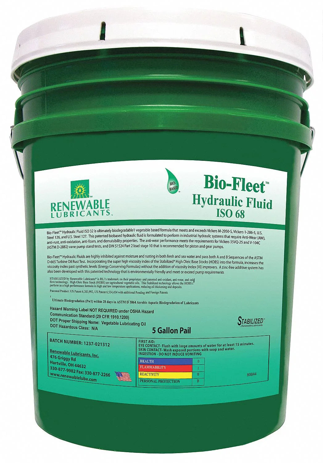 Renewable Lubricants Biodegradable Hydraulic Oil,5 Gal,ISizeO 68  80844
