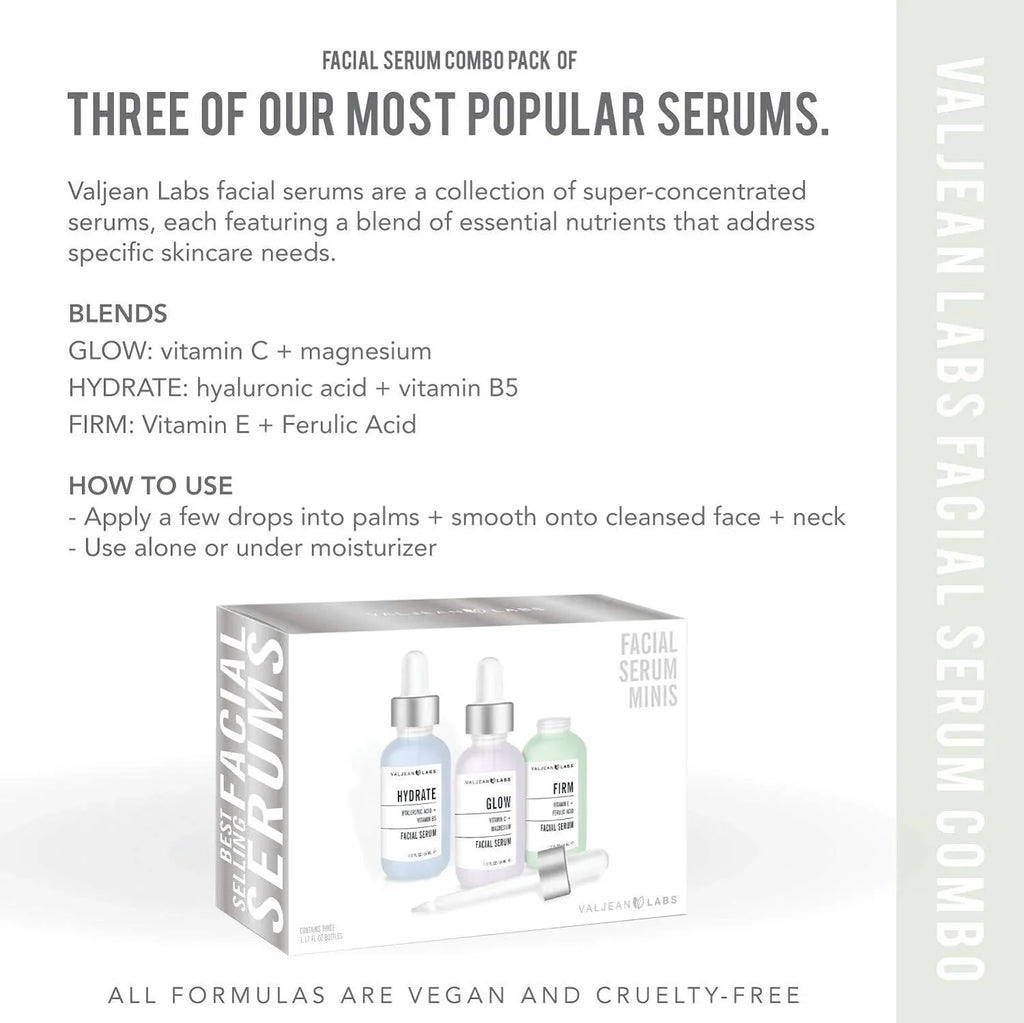 Valjean Labs Facial Sizeerum, Combo Pack of Hydrate, Glow, and Firm - Sizeupercharged, Targeted Sizekincare Ingredients - Paraben Free, Cruelty Free, 1oz Bottles