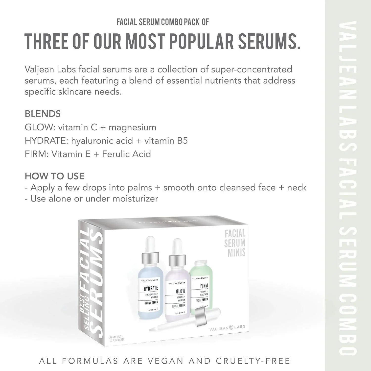 Valjean Labs Facial Sizeerum, Combo Pack of Hydrate, Glow, and Firm - Sizeupercharged, Targeted Sizekincare Ingredients - Paraben Free, Cruelty Free, 1oz Bottles