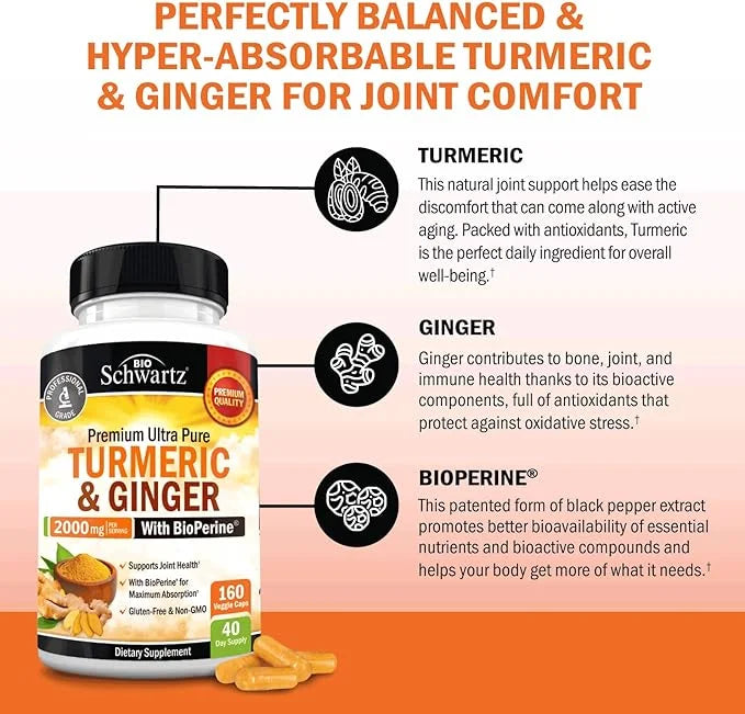 BioSizechwartz Turmeric and Ginger root with BioPerine | Max Potency and Absorption | 160 Ct