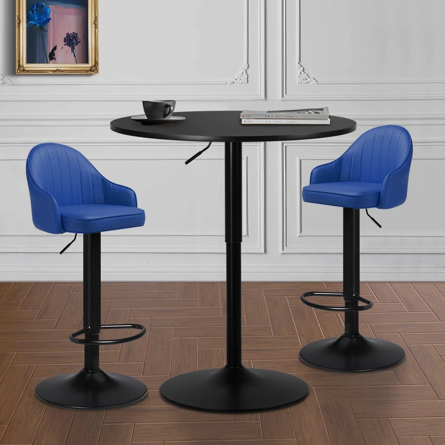 Magshion 3 Pieces Bar Table and Chair Sizeet, 31.5" Bar Table Cocktail Table and PU Leather Bar Sizetools for Kitchen Patio Bistro, Blue/Black