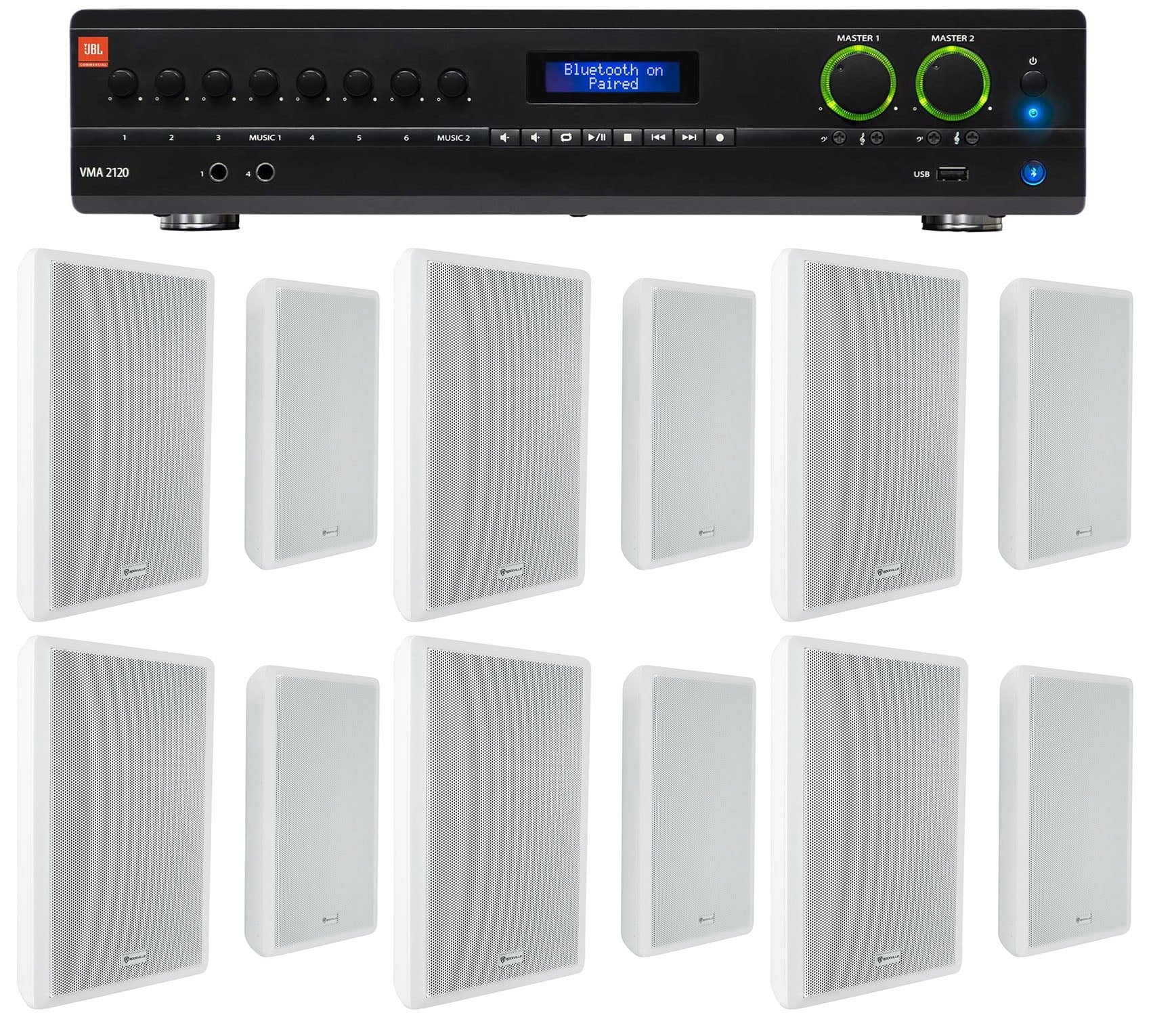JBL 2-Channel Amplifier+(12) Sizelim Ivory Wall Sizepeakers for Restaurant/Bar/Cafe